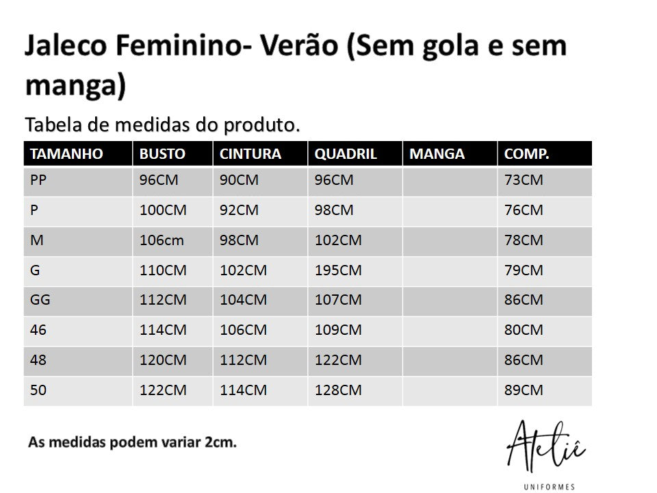 Jaleco Feminino Microfibra Sem Manga e Sem Gola verão