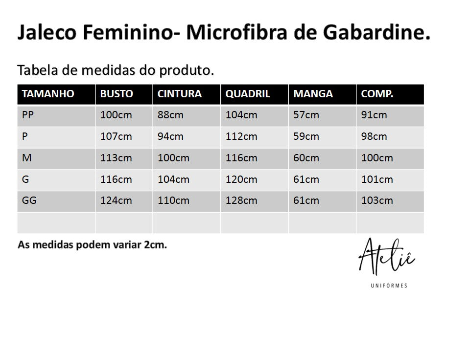 Jaleco Feminino - Microfibra de Gabardine- Botão- Branco