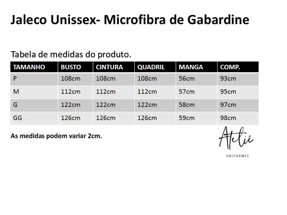 Jaleco Unissex - Microfibra de  Gabardine Azul Marinho