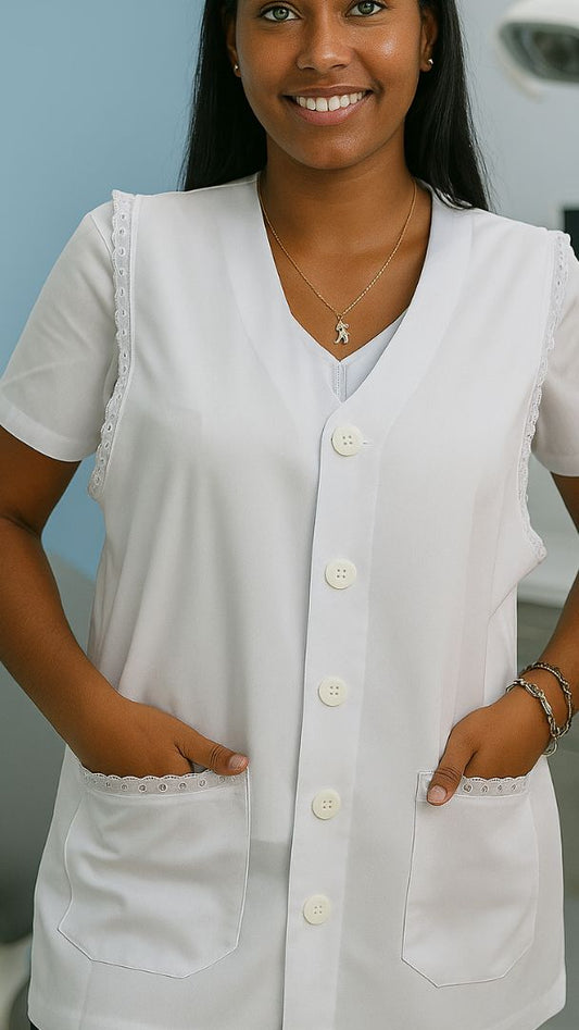 Jaleco Feminino Detalhe-Bordado Inglês - Sem manga