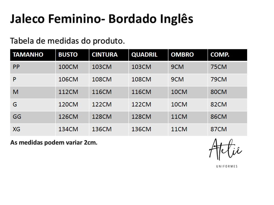 Jaleco Feminino Detalhe-Bordado Inglês - Sem manga