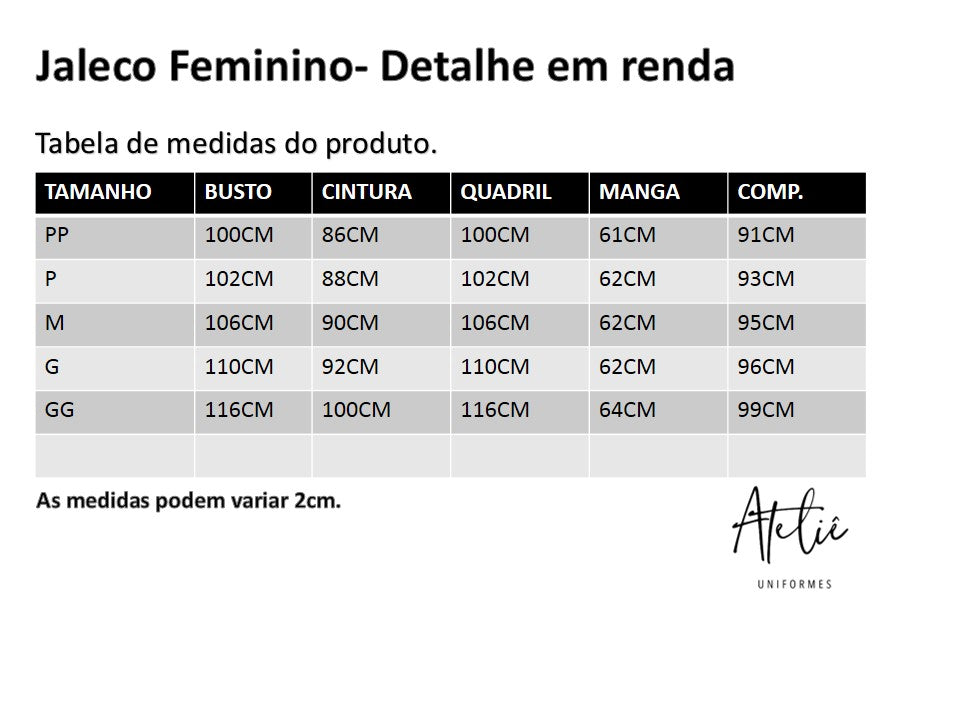 Jaleco Feminino Detalhes em Renda- Microfibra