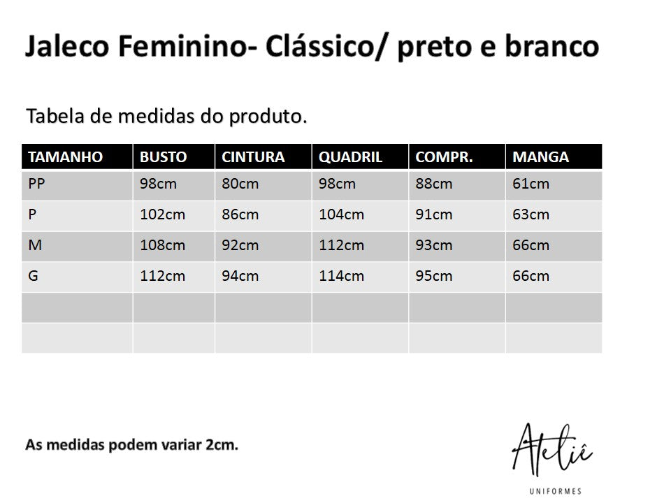 Jaleco Feminino Clássico - Manga de botão- Social