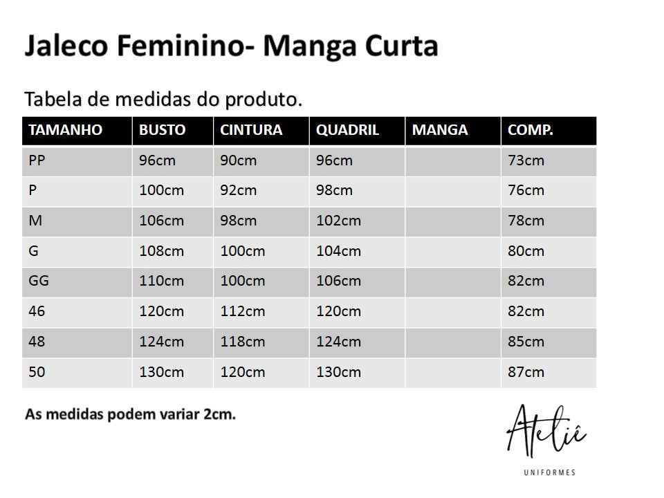 Jaleco Feminino Manga curta- Microfibra de Gabardine