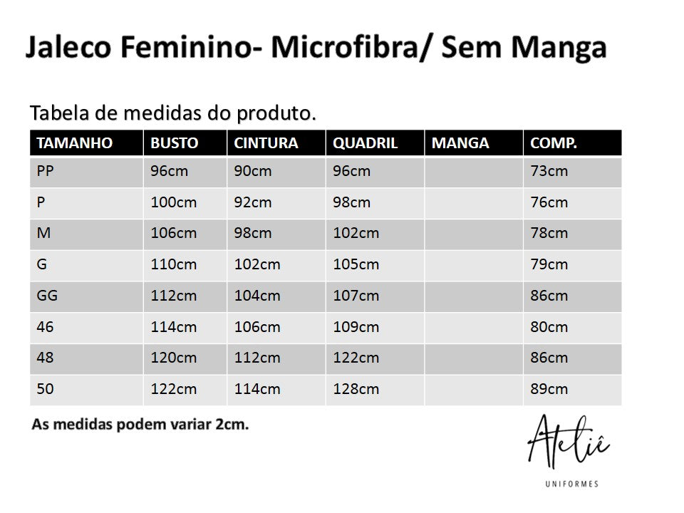 Jaleco Feminino Microfibra Sem Manga.