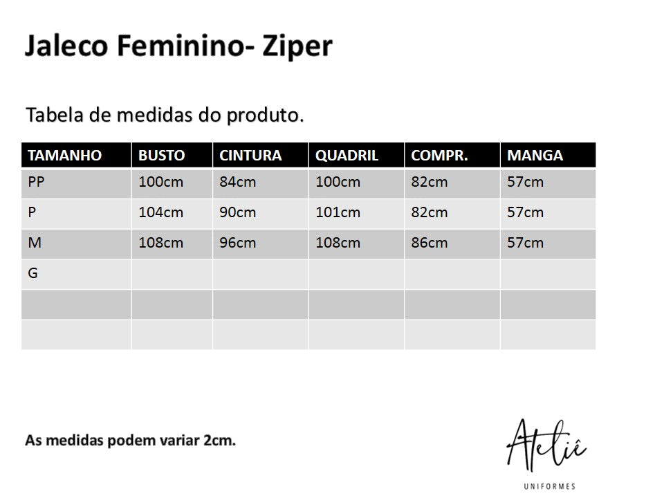 Jaleco Feminino - Ziper branco