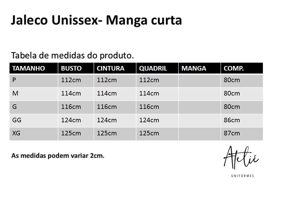 Jaleco Unissex - Manga Curta Microfibra